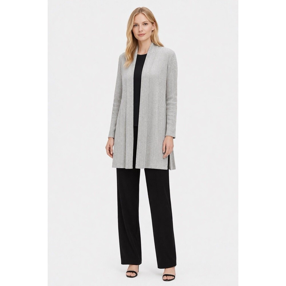 Eileen Fisher Organic Cotton Blend Herringbone Open Jacket Mid Gray Mid Length M